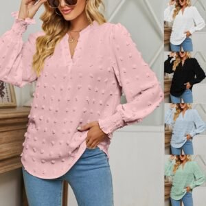 Dot Long-sleeved Bubble Sleeve V-neck Shirt Top
