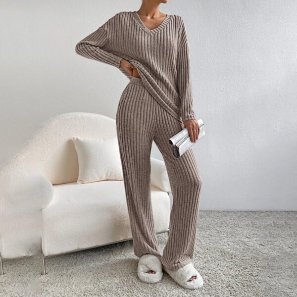 Women's 2-Piece Set Solid Color V-Neck Long Sleeve Top & Straight Leg Pants, Ribbed Texture Outfit For Fall&Winter - Image 3