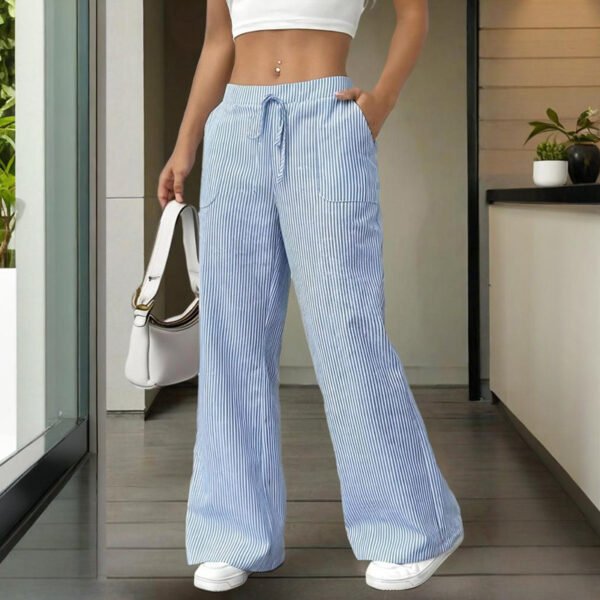 Women's Striped Wide Leg Pants With Pockets & Tie-Waist Detail - Casual Minimalist Trousers - Image 9