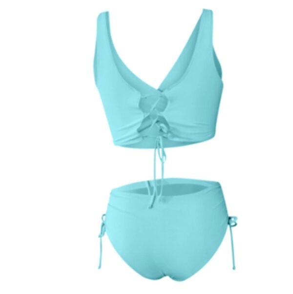 Bikini Solid Color Sexy Gathered Split High Waist Swimsuit With Rope - Image 7