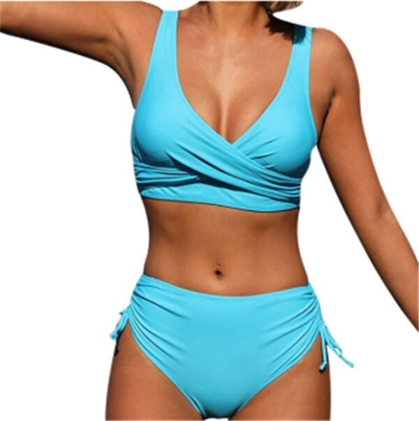Bikini Solid Color Sexy Gathered Split High Waist Swimsuit With Rope - Image 3