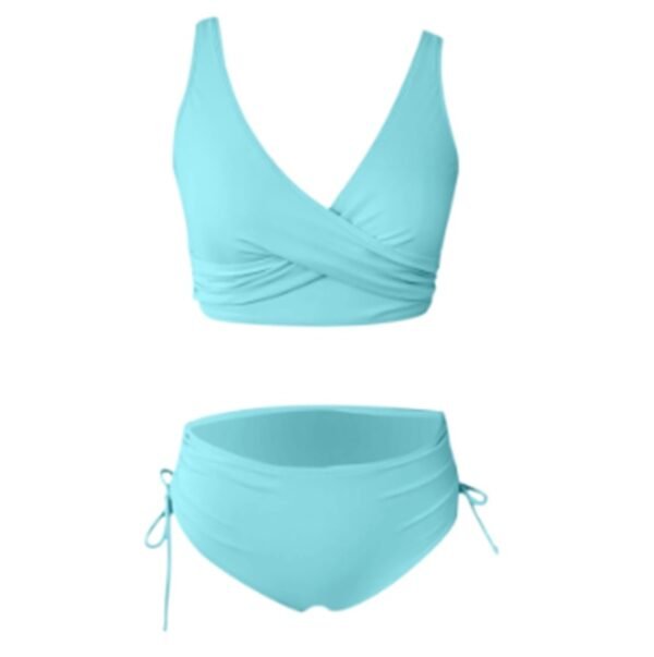 Bikini Solid Color Sexy Gathered Split High Waist Swimsuit With Rope - Image 9