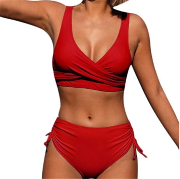 Bikini Solid Color Sexy Gathered Split High Waist Swimsuit With Rope - Image 10