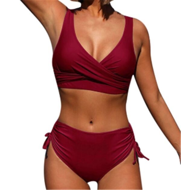 Bikini Solid Color Sexy Gathered Split High Waist Swimsuit With Rope - Image 4