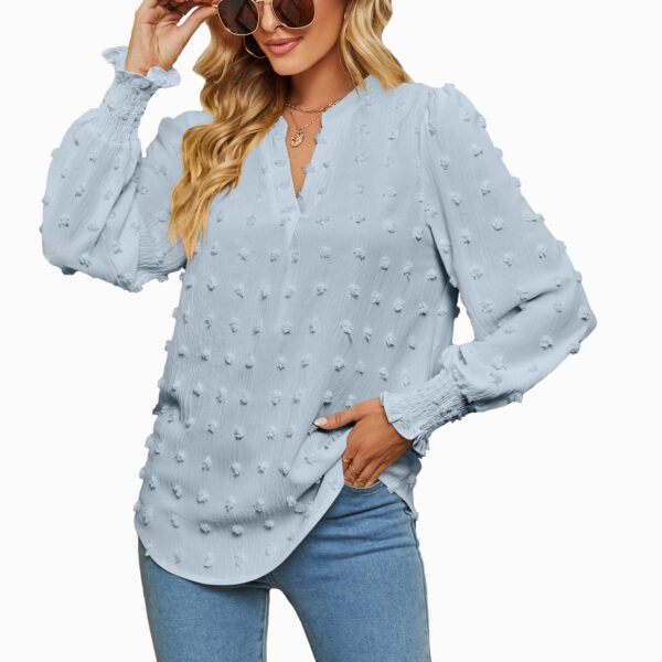 Dot Long-sleeved Bubble Sleeve V-neck Shirt Top - Image 10