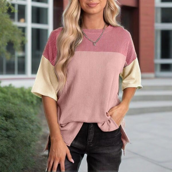 Women's Color Block Casual T-Shirt Short Sleeve Crew Neck Loose T-Shirt Top - Image 7