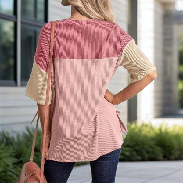 Women's Color Block Casual T-Shirt Short Sleeve Crew Neck Loose T-Shirt Top - Image 6