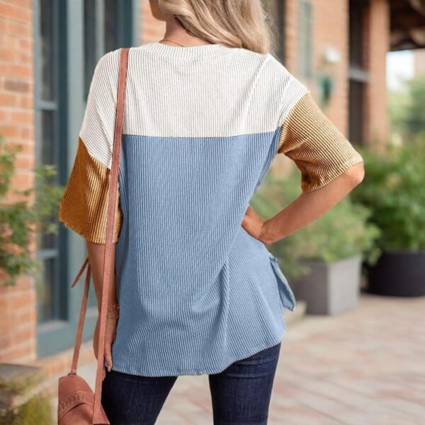 Women's Color Block Casual T-Shirt Short Sleeve Crew Neck Loose T-Shirt Top - Image 4