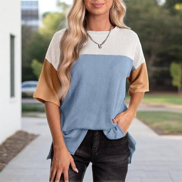 Women's Color Block Casual T-Shirt Short Sleeve Crew Neck Loose T-Shirt Top - Image 10