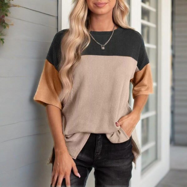 Women's Color Block Casual T-Shirt Short Sleeve Crew Neck Loose T-Shirt Top - Image 5