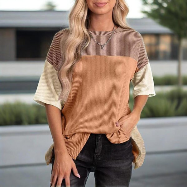 Women's Color Block Casual T-Shirt Short Sleeve Crew Neck Loose T-Shirt Top - Image 3