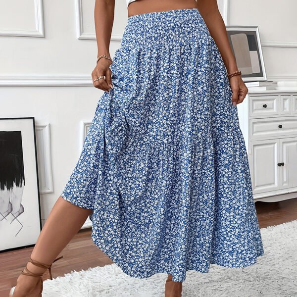 Women's Boho Floral Maxi Skirt - High Elastic Waist, Pleated A-Line Long Skirt - Image 2