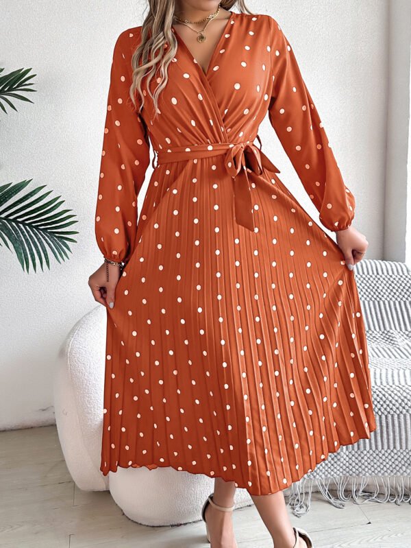 Spring Summer Elegant Long Dress Cross V-Neck Contrast Polka Dot Long Sleeve Pleated Bridesmaid Dresses - Image 10
