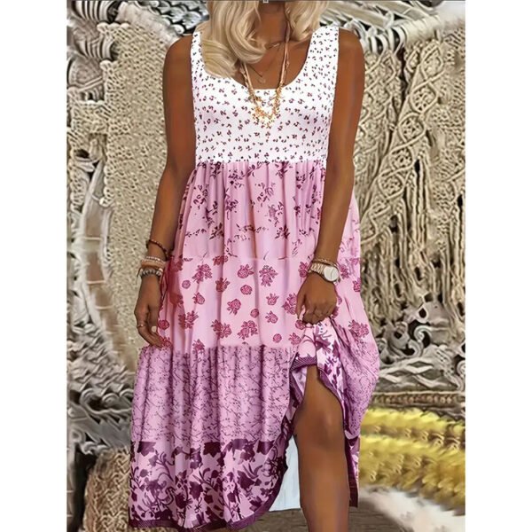 Women's Plus Size Boho Floral Dresses Sleeveless Tiered Pleated Swing Long Sundress - Image 4