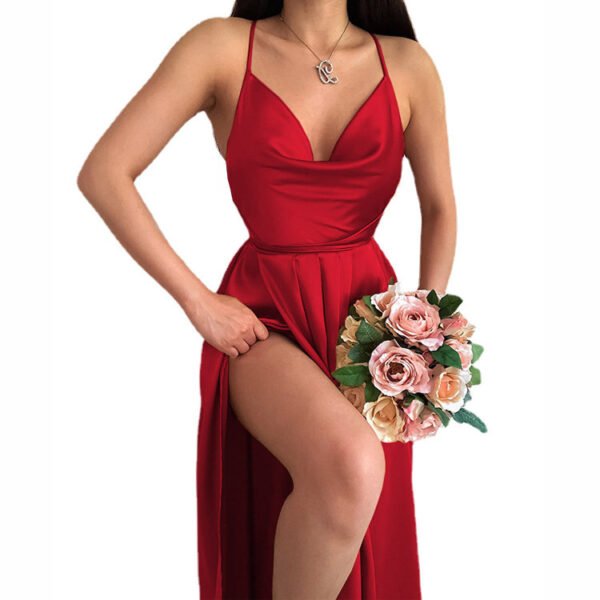 Solid Color Backless Pockets Collar A Swing Sling Dress Women - Image 6