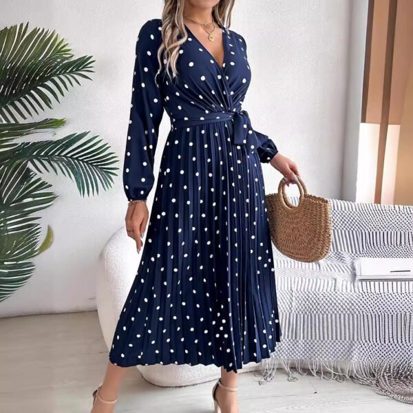 Spring Summer Elegant Long Dress Cross V-Neck Contrast Polka Dot Long Sleeve Pleated Bridesmaid Dresses - Image 5