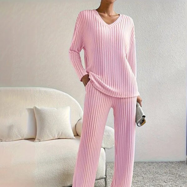 Women's 2-Piece Set Solid Color V-Neck Long Sleeve Top & Straight Leg Pants, Ribbed Texture Outfit For Fall&Winter - Image 8
