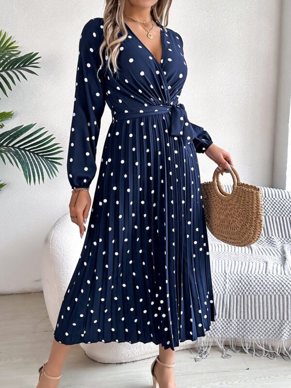 Spring Summer Elegant Long Dress Cross V-Neck Contrast Polka Dot Long Sleeve Pleated Bridesmaid Dresses - Image 8