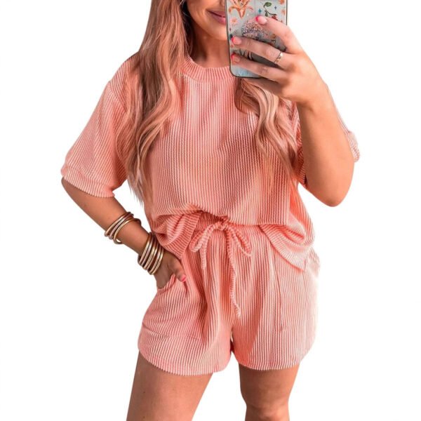 Short-sleeved Wavy Round Neck Top Elastic Waist Shorts Two-piece Set - Image 2