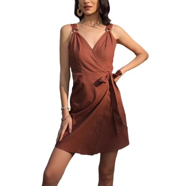 Pleated Sling Waist Belt Dress Women - Image 3