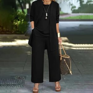 Women's Plus Size Casual 3-Piece Set Open Front Cardigan Sleeveless Vest Pants Solid Color Lounge Set
