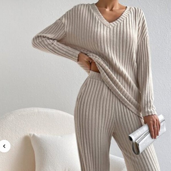 Women's 2-Piece Set Solid Color V-Neck Long Sleeve Top & Straight Leg Pants, Ribbed Texture Outfit For Fall&Winter - Image 10