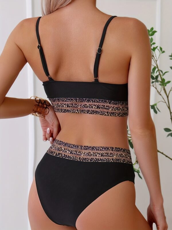 Eopard Print Mesh Contrast Band 2 Piece Set Bikini, Black Scoop Neck High Strech Swimsuit, Women's Swimwear & Clothing - Image 2