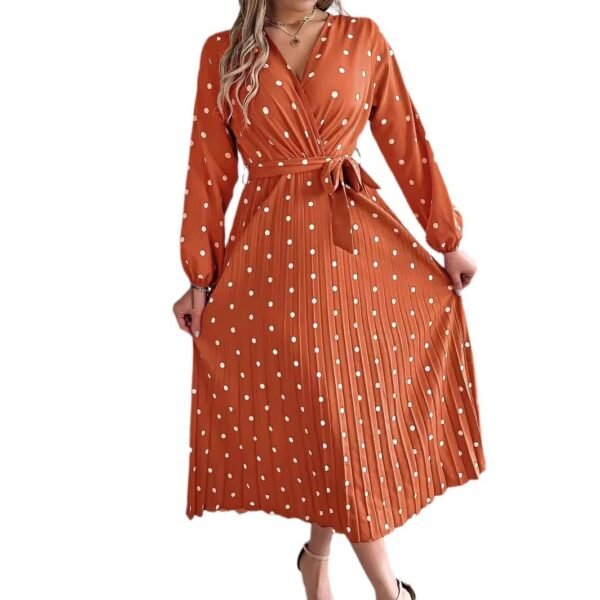 Spring Summer Elegant Long Dress Cross V-Neck Contrast Polka Dot Long Sleeve Pleated Bridesmaid Dresses - Image 9