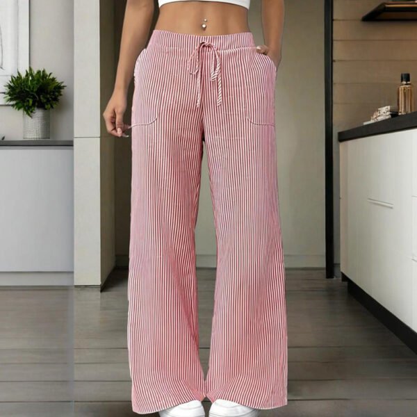 Women's Striped Wide Leg Pants With Pockets & Tie-Waist Detail - Casual Minimalist Trousers - Image 2