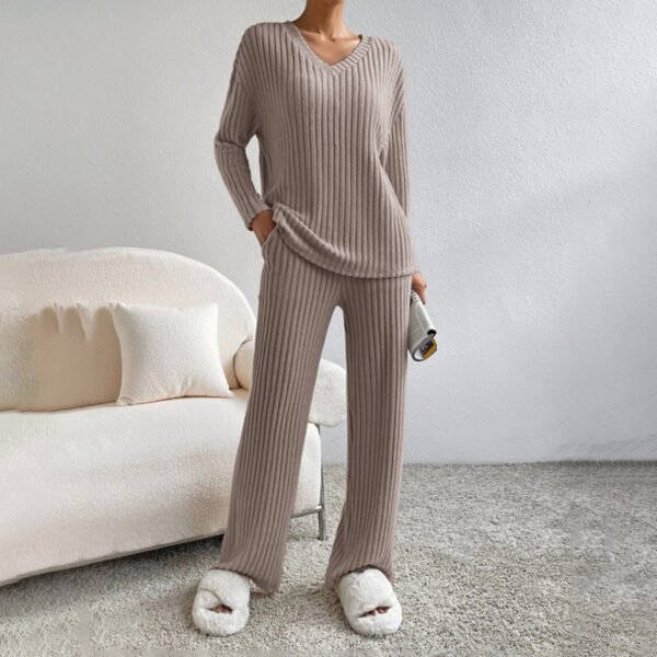 Women's 2-Piece Set Solid Color V-Neck Long Sleeve Top & Straight Leg Pants, Ribbed Texture Outfit For Fall&Winter - Image 7