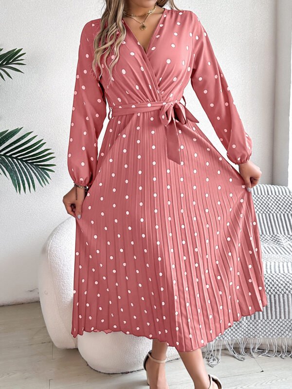Spring Summer Elegant Long Dress Cross V-Neck Contrast Polka Dot Long Sleeve Pleated Bridesmaid Dresses - Image 4