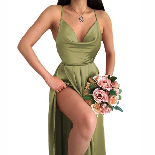 Solid Color Backless Pockets Collar A Swing Sling Dress Women - Image 5