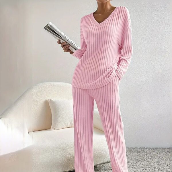 Women's 2-Piece Set Solid Color V-Neck Long Sleeve Top & Straight Leg Pants, Ribbed Texture Outfit For Fall&Winter - Image 4