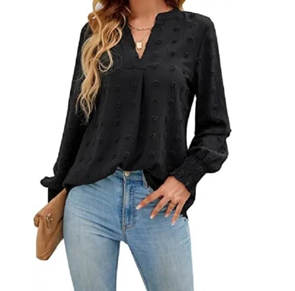 Dot Long-sleeved Bubble Sleeve V-neck Shirt Top - Image 8