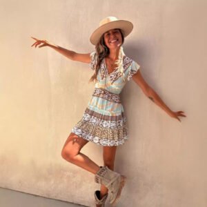 Fashion Printed Ruffled Pendant Dress Women