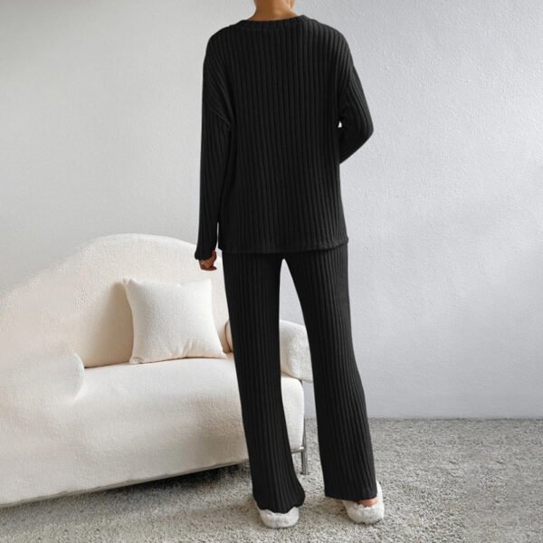 Women's 2-Piece Set Solid Color V-Neck Long Sleeve Top & Straight Leg Pants, Ribbed Texture Outfit For Fall&Winter - Image 6