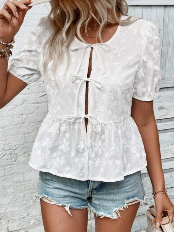Solid Color Sweet Lace Puff Short Sleeve Shirt - Image 6