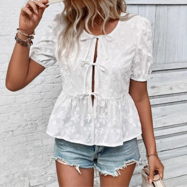 Solid Color Sweet Lace Puff Short Sleeve Shirt - Image 4