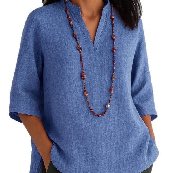 Summer Women's Clothing V-neck 34 Sleeves Cotton And Linen Loose Casual Shirt - Image 2