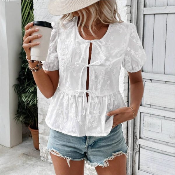 Solid Color Sweet Lace Puff Short Sleeve Shirt - Image 3
