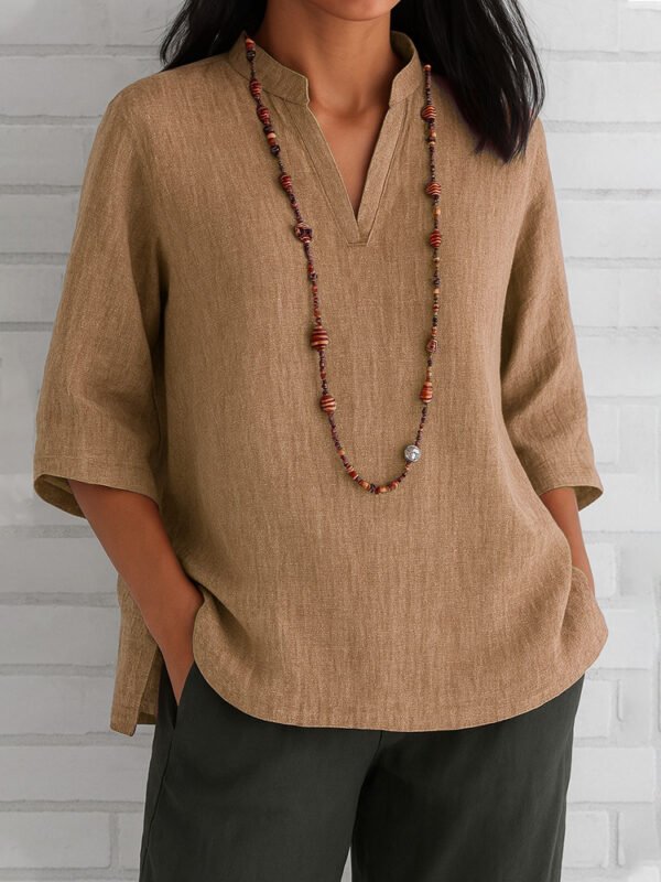Summer Women's Clothing V-neck 34 Sleeves Cotton And Linen Loose Casual Shirt - Image 4