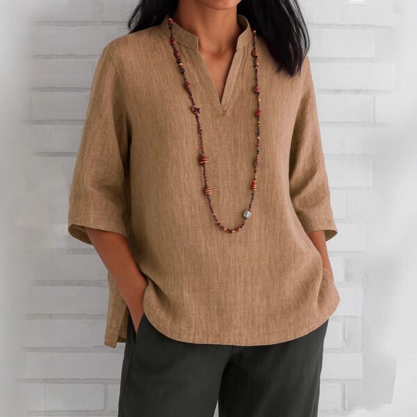 Summer Women's Clothing V-neck 34 Sleeves Cotton And Linen Loose Casual Shirt - Image 8