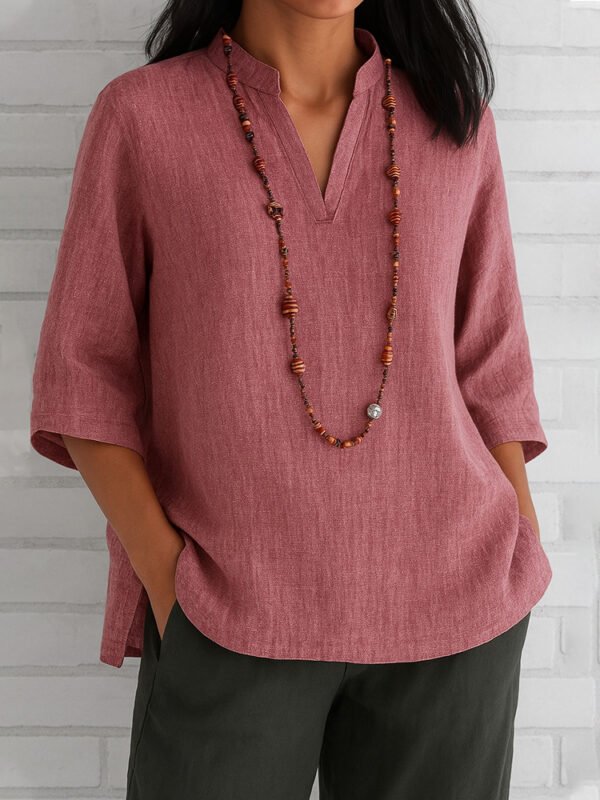 Summer Women's Clothing V-neck 34 Sleeves Cotton And Linen Loose Casual Shirt - Image 7