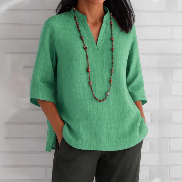 Summer Women's Clothing V-neck 34 Sleeves Cotton And Linen Loose Casual Shirt - Image 6