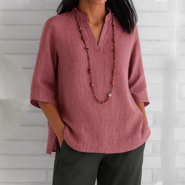Summer Women's Clothing V-neck 34 Sleeves Cotton And Linen Loose Casual Shirt - Image 9