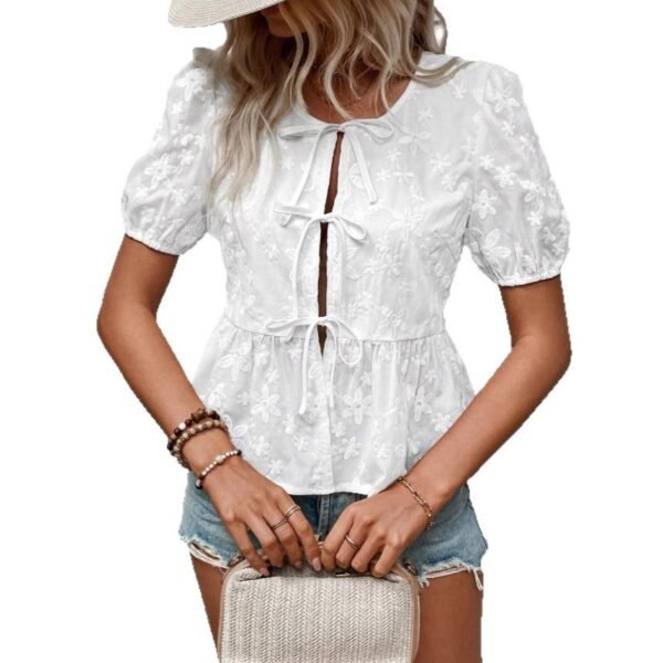 Solid Color Sweet Lace Puff Short Sleeve Shirt - Image 2