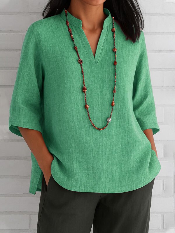 Summer Women's Clothing V-neck 34 Sleeves Cotton And Linen Loose Casual Shirt - Image 5