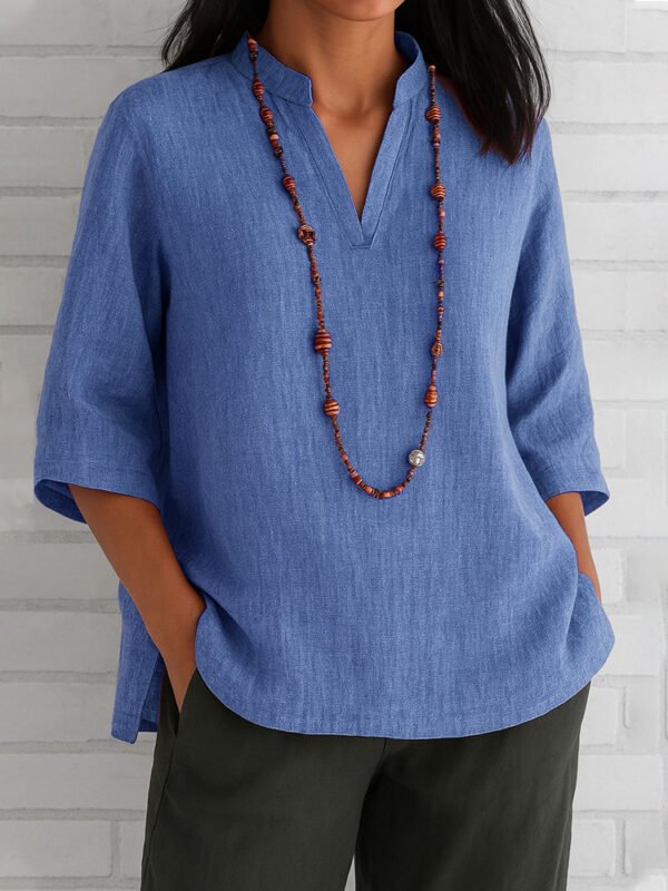 Summer Women's Clothing V-neck 34 Sleeves Cotton And Linen Loose Casual Shirt - Image 3