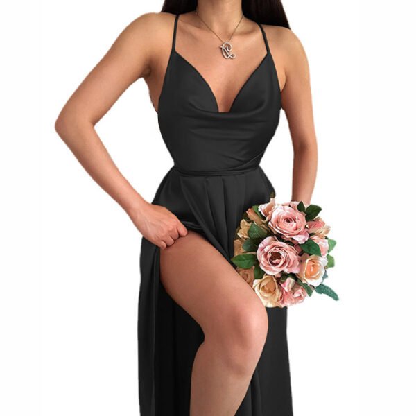 Solid Color Backless Pockets Collar A Swing Sling Dress Women - Image 2