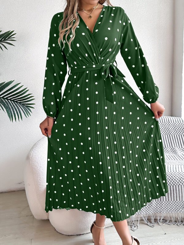 Spring Summer Elegant Long Dress Cross V-Neck Contrast Polka Dot Long Sleeve Pleated Bridesmaid Dresses - Image 7